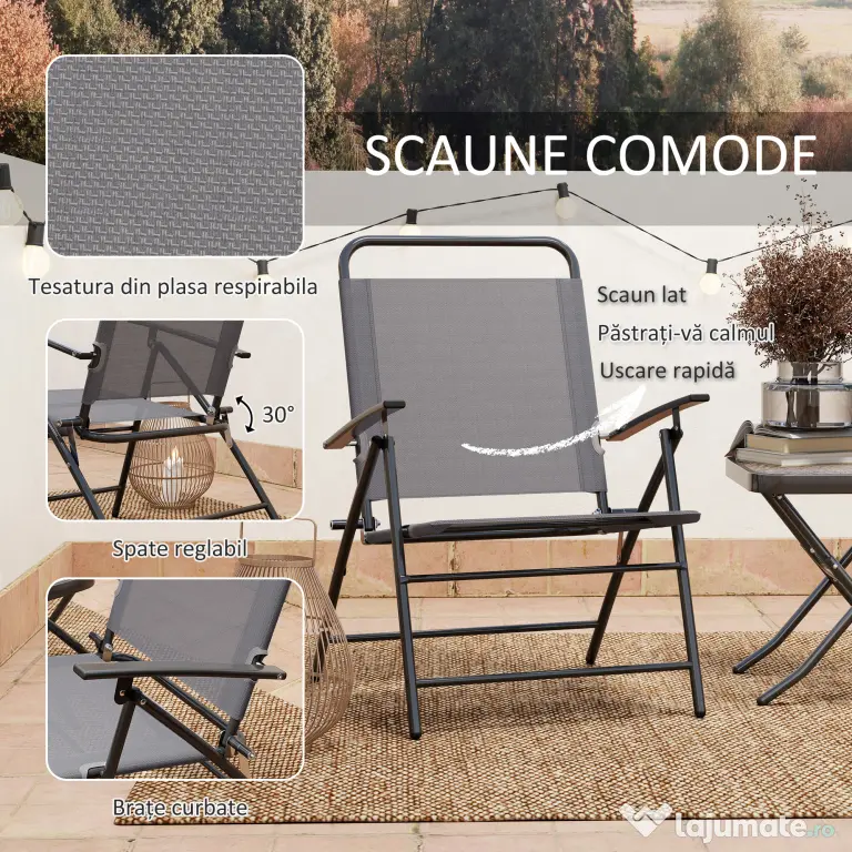 Outsunny Set Mobilier de Grădină din 3 Piese cu Scaune cu Spătar Reglabil și Masă, 64x70x87 cm, Gri | Aosom Romania