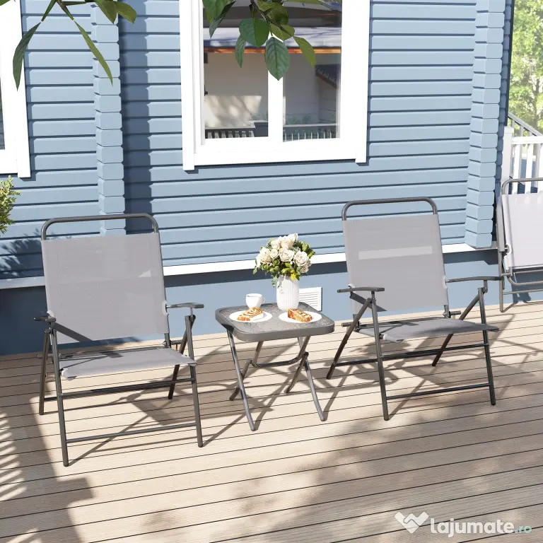 Outsunny Set Mobilier de Grădină din 3 Piese cu Scaune cu Spătar Reglabil și Masă, 64x70x87 cm, Gri | Aosom Romania