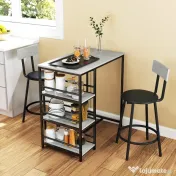 HOMCOM Set Masă de Bar cu 3 Rafturi și 2 Scaune cu Spătar, 90x50x90.5 cm, Gri Deschis | Aosom Romania 