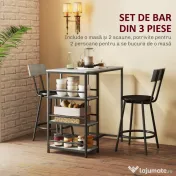 HOMCOM Set Masă de Bar cu 3 Rafturi și 2 Scaune cu Spătar, 90x50x90.5 cm, Gri Deschis | Aosom Romania 