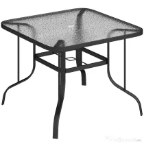 Outsunny Masă de grădină pătrată pentru 4 persoane cu blat din sticlă și orificiu pentru umbrelă Ø54 mm, negru
