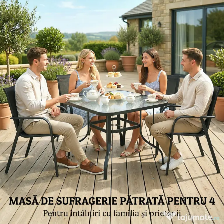 Outsunny Masă de Grădină pentru 4 Persoane cu Gaură pentru Umbrelă Ø54 mm, 96,5x96,5x70 cm, Negru | Aosom Romania