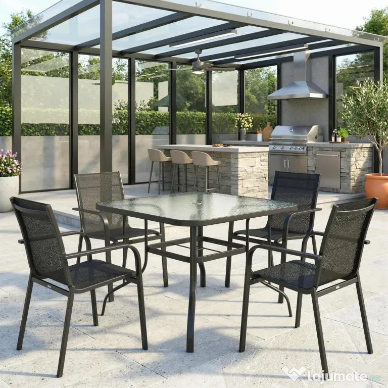 Outsunny Masă de Grădină pentru 4 Persoane cu Gaură pentru Umbrelă Ø54 mm, 96,5x96,5x70 cm, Negru | Aosom Romania