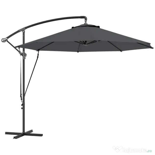 Outsunny Umbrelă de Soare cu Corzi Anti-Vânt, Orificii de Aerisire, Bază în Cruce și Manivelă, Φ290x243 cm, Gri | Aosom Romania