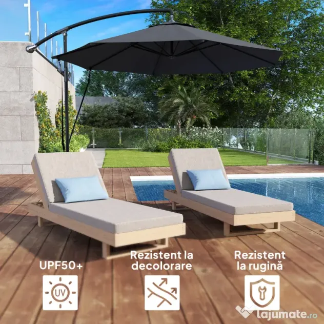 Outsunny Umbrelă de Soare cu Corzi Anti-Vânt, Orificii de Aerisire, Bază în Cruce și Manivelă, Φ290x243 cm, Gri | Aosom Romania