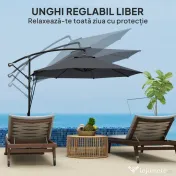 Outsunny Umbrelă de Soare cu Corzi Anti-Vânt, Orificii de Aerisire, Bază în Cruce și Manivelă, Φ290x243 cm, Gri | Aosom Romania 