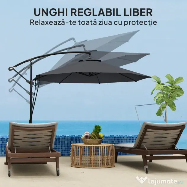 Outsunny Umbrelă de Soare cu Corzi Anti-Vânt, Orificii de Aerisire, Bază în Cruce și Manivelă, Φ290x243 cm, Gri | Aosom Romania