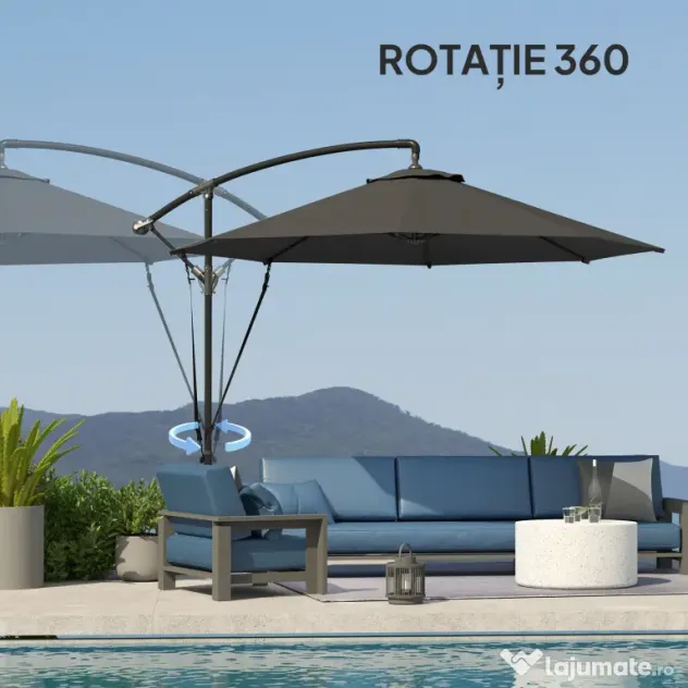 Outsunny Umbrelă de Soare cu Corzi Anti-Vânt, Orificii de Aerisire, Bază în Cruce și Manivelă, Φ290x243 cm, Gri | Aosom Romania