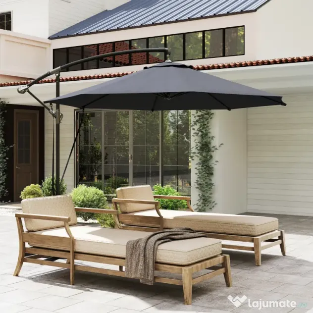 Outsunny Umbrelă de Soare cu Corzi Anti-Vânt, Orificii de Aerisire, Bază în Cruce și Manivelă, Φ290x243 cm, Gri | Aosom Romania