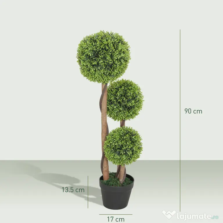 HOMCOM Set 2 Plante de Buxus Artificiale cu 3 Sfere, cu Ghiveci și Bază Întărită, Înălțime 90 cm, pentru Interior și Exterior | Aosom Romania