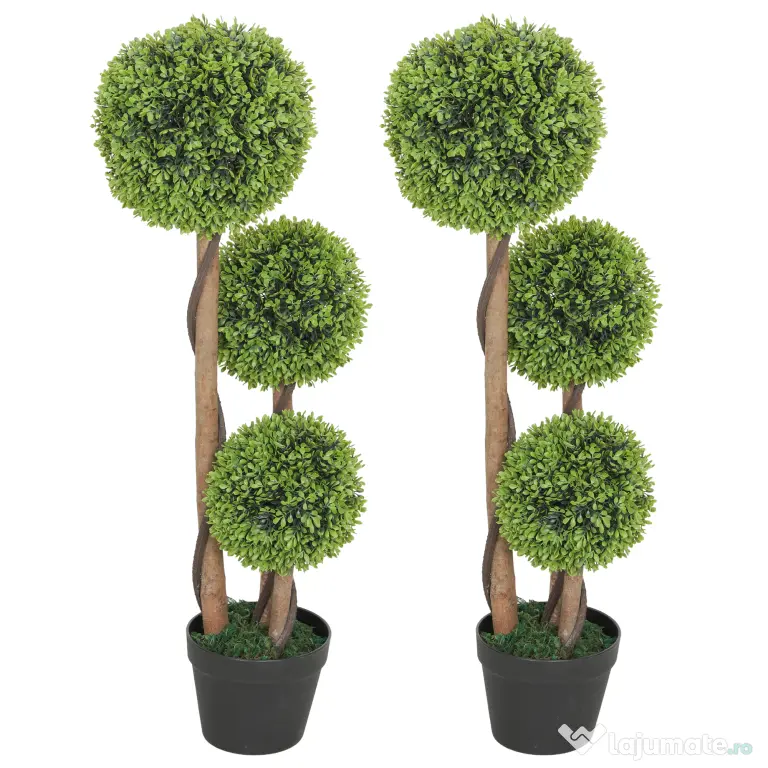 HOMCOM Set 2 Plante de Buxus Artificiale cu 3 Sfere, cu Ghiveci și Bază Întărită, Înălțime 90 cm, pentru Interior și Exterior | Aosom Romania