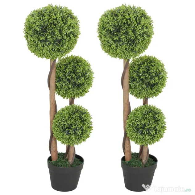HOMCOM Set 2 Plante de Buxus Artificiale cu 3 Sfere, cu Ghiveci și Bază Întărită, Înălțime 90 cm, pentru Interior și Exterior | Aosom Romania