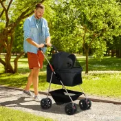 PawHut Cărucior pentru Animale de Companie 3 în 1 cu 4 Roți și Geantă de Transport Detașabilă, 76x50x102 cm, Negru | Aosom Romania 