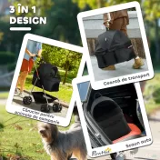 PawHut Cărucior pentru Animale de Companie 3 în 1 cu 4 Roți și Geantă de Transport Detașabilă, 76x50x102 cm, Negru | Aosom Romania 