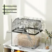 PawHut Cușcă pentru Hamsteri cu 2 Niveluri, Bază Adâncă, Roți, Tuburi, Bol, Sticlă de Apă și Rampă, 58x43x57 cm, Negru | Aosom Romania 