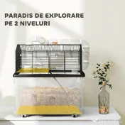 PawHut Cușcă pentru Hamsteri cu 2 Niveluri, Bază Adâncă, Roți, Tuburi, Bol, Sticlă de Apă și Rampă, 58x43x57 cm, Negru | Aosom Romania 