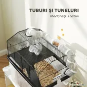 PawHut Cușcă pentru Hamsteri cu 2 Niveluri, Bază Adâncă, Roți, Tuburi, Bol, Sticlă de Apă și Rampă, 58x43x57 cm, Negru | Aosom Romania 