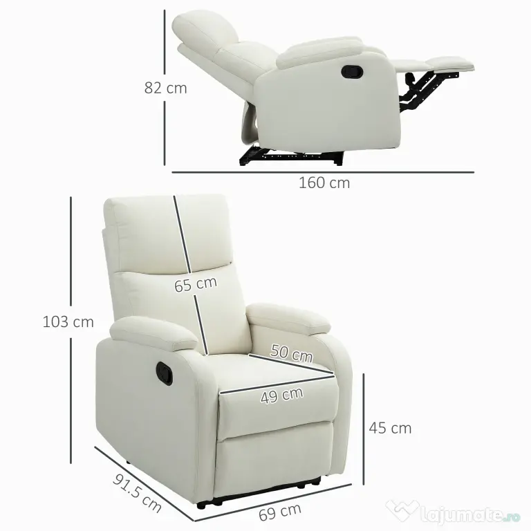 HOMCOM Fotoliu Recliner din In cu Suport Reglabil pentru Picioare, 69x91,5x103 cm, Alb crem | Aosom Romania