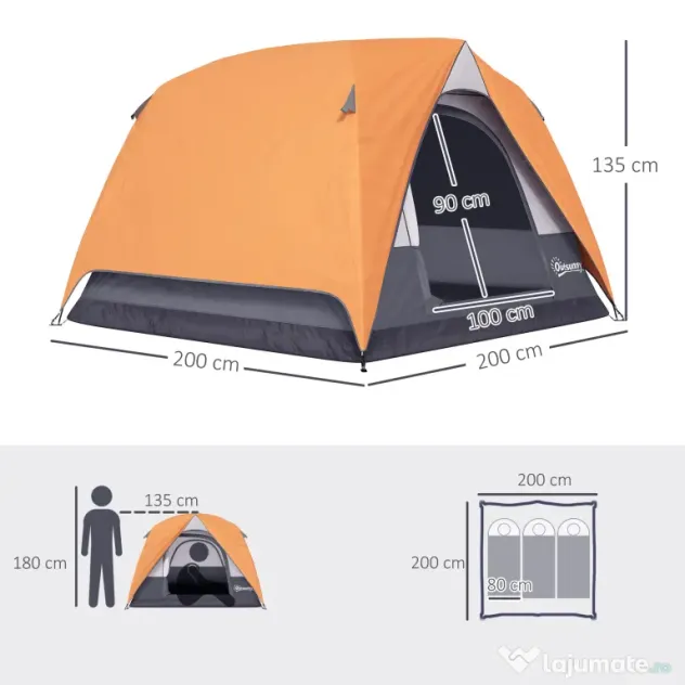 Outsunny Cort de Camping pentru 3 Persoane cu Buzunare Detașabile și Geantă de Transport, 200x200x135 cm, Portocaliu | Aosom Romania