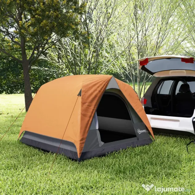Outsunny Cort de Camping pentru 3 Persoane cu Buzunare Detașabile și Geantă de Transport, 200x200x135 cm, Portocaliu | Aosom Romania