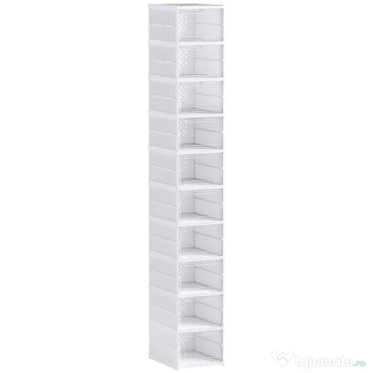 HOMCOM Pantofar Pliabil Slim, Modular, cu 10 Cutii pentru Pantofi, Economisire Spațiu, Fără Montaj, Alb | Aosom Romania