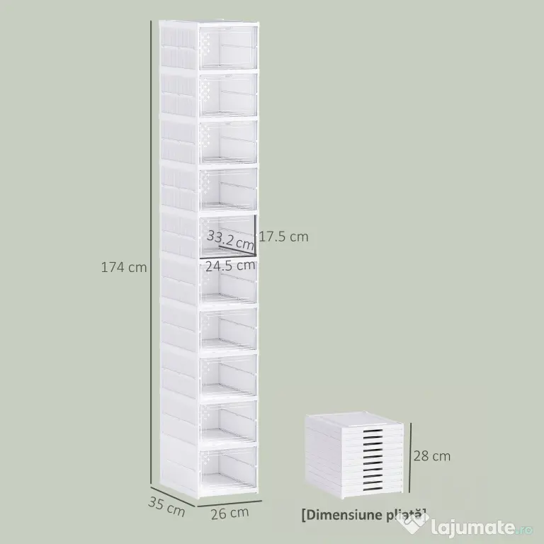 HOMCOM Pantofar Pliabil Slim, Modular, cu 10 Cutii pentru Pantofi, Economisire Spațiu, Fără Montaj, Alb | Aosom Romania