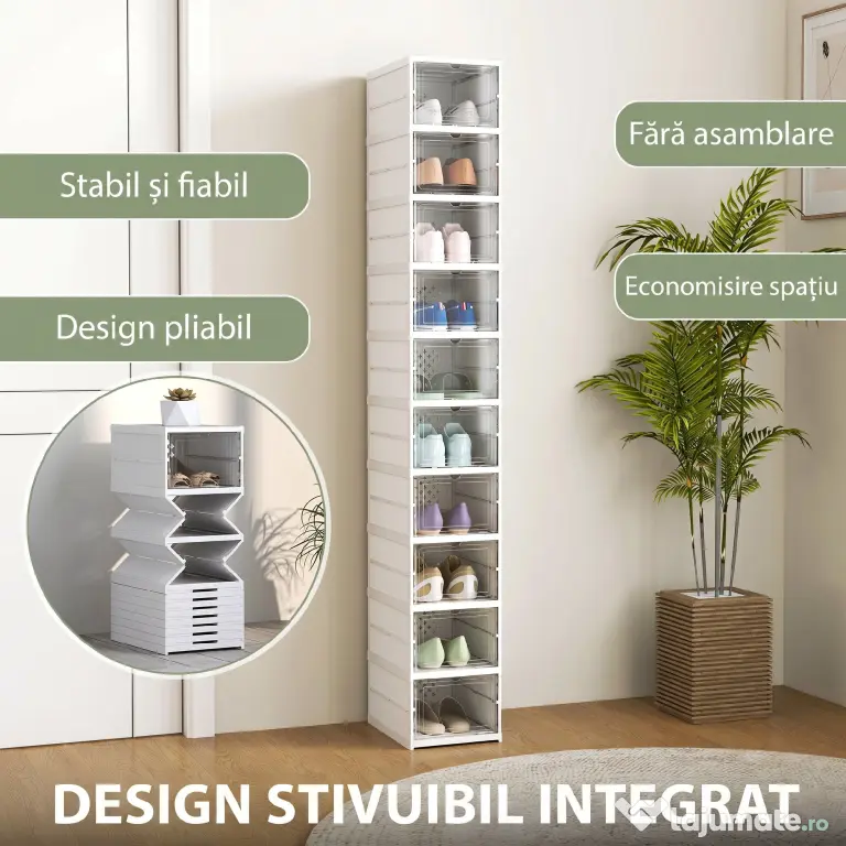 HOMCOM Pantofar Pliabil Slim, Modular, cu 10 Cutii pentru Pantofi, Economisire Spațiu, Fără Montaj, Alb | Aosom Romania
