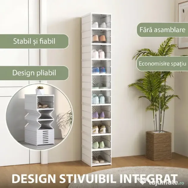 HOMCOM Pantofar Pliabil Slim, Modular, cu 10 Cutii pentru Pantofi, Economisire Spațiu, Fără Montaj, Alb | Aosom Romania