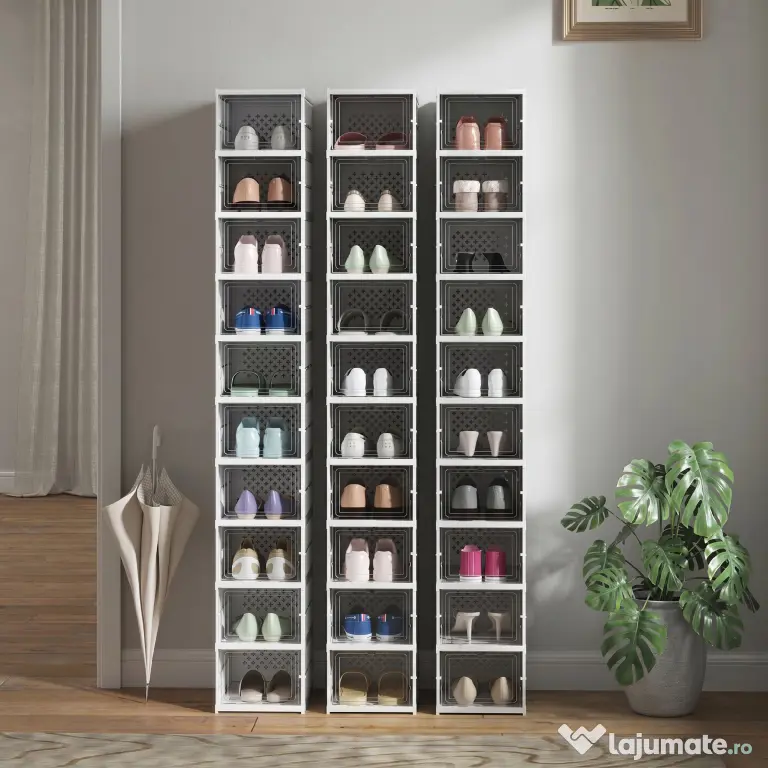 HOMCOM Pantofar Pliabil Slim, Modular, cu 10 Cutii pentru Pantofi, Economisire Spațiu, Fără Montaj, Alb | Aosom Romania