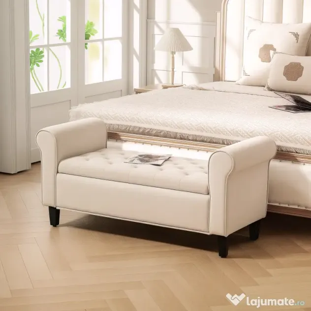 HOMCOM Bancă de Depozitare din Țesătură tip Catifea cu Spațiu Ascuns, Bej | Aosom Romania