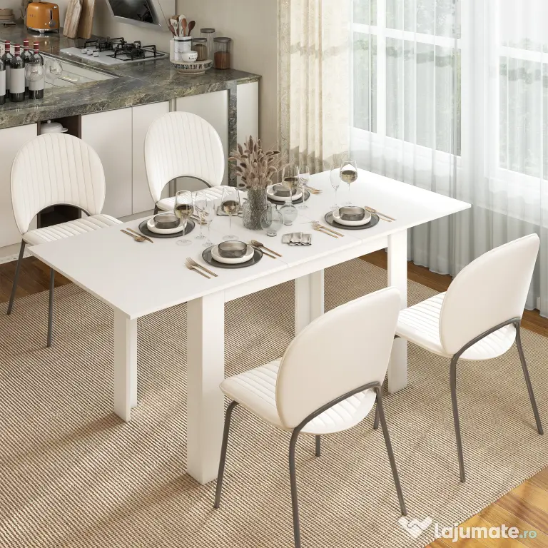 HOMCOM Masă extensibilă 140-180x80cm, albă, pentru 6-8 persoane, pentru spații mici | Aosom Romania