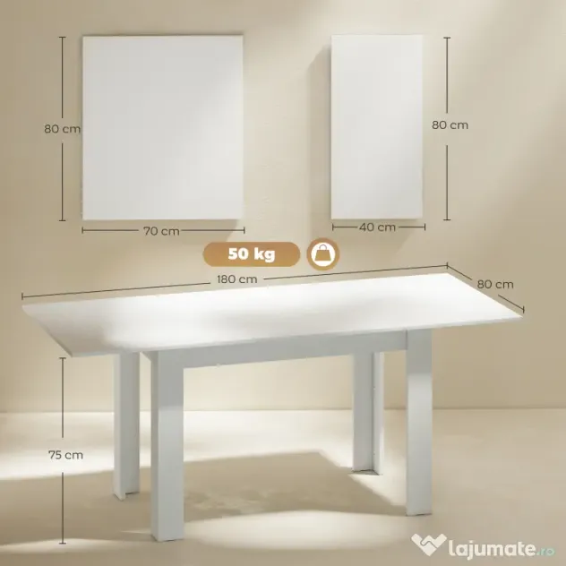 HOMCOM Masă extensibilă 140-180x80cm, albă, pentru 6-8 persoane, pentru spații mici | Aosom Romania