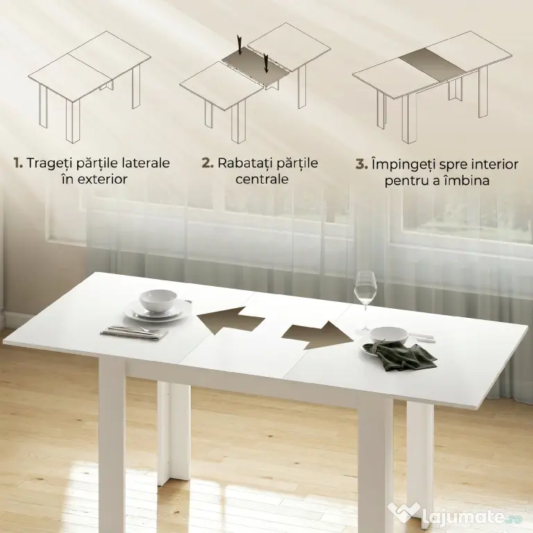 HOMCOM Masă extensibilă 140-180x80cm, albă, pentru 6-8 persoane, pentru spații mici | Aosom Romania