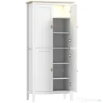 HOMCOM Bufet Înalt de Bucătărie, Dulap cu Lumină LED, Reglabil în 3 Culori, Rafturi Ajustabile, Alb