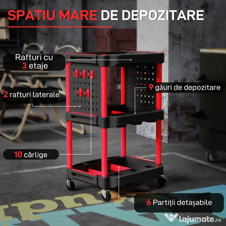 HOMCOM Cărucior pentru Scule 3 Nivele din Plastic cu Panou Lateral Roșu Negru | Aosom Romania