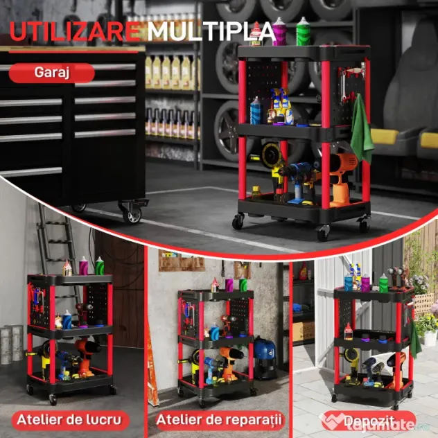 HOMCOM Cărucior pentru Scule 3 Nivele din Plastic cu Panou Lateral Roșu Negru | Aosom Romania