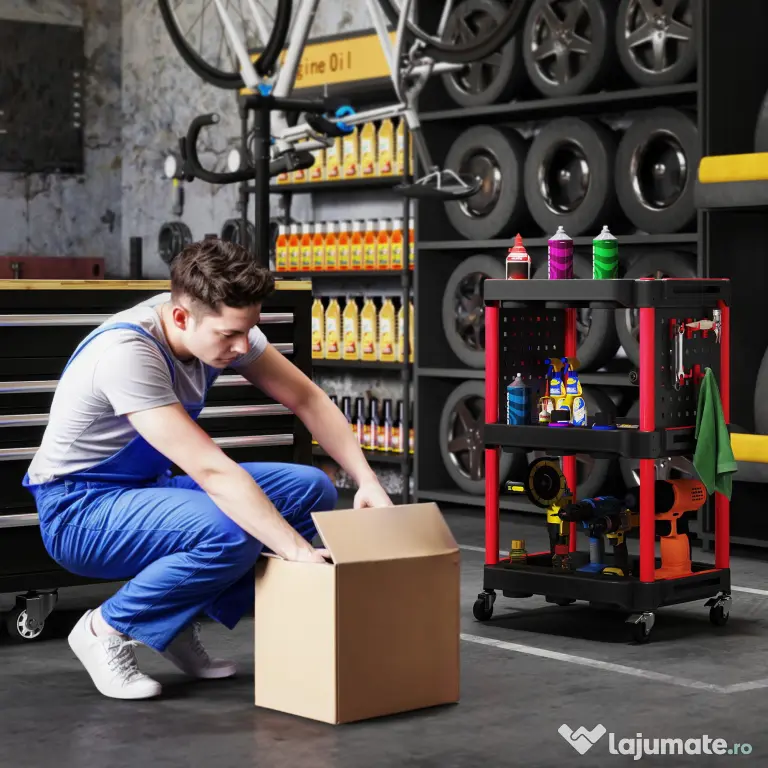 HOMCOM Cărucior pentru Scule 3 Nivele din Plastic cu Panou Lateral Roșu Negru | Aosom Romania