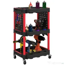 HOMCOM Cărucior pentru Scule 3 Nivele din Plastic cu Panou Lateral Roșu Negru