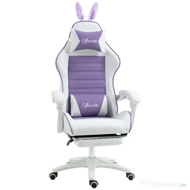Vinsetto Scaun Gaming cu Urechi de Iepuraș, Suport pentru Picioare, Perne, Reglabil și Reclinabil, Mov | Aosom Romania