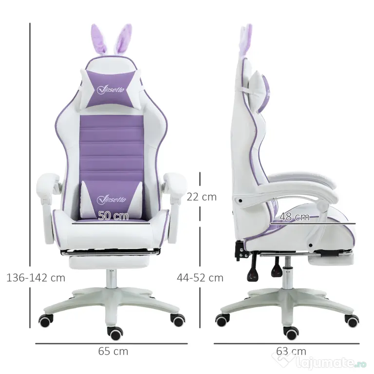 Vinsetto Scaun Gaming cu Urechi de Iepuraș, Suport pentru Picioare, Perne, Reglabil și Reclinabil, Mov | Aosom Romania
