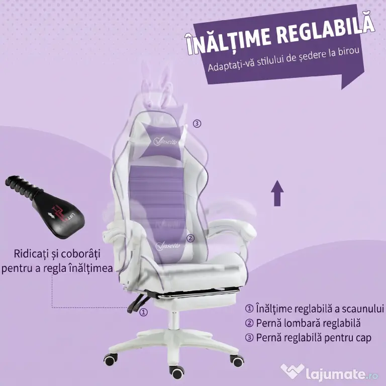 Vinsetto Scaun Gaming cu Urechi de Iepuraș, Suport pentru Picioare, Perne, Reglabil și Reclinabil, Mov | Aosom Romania