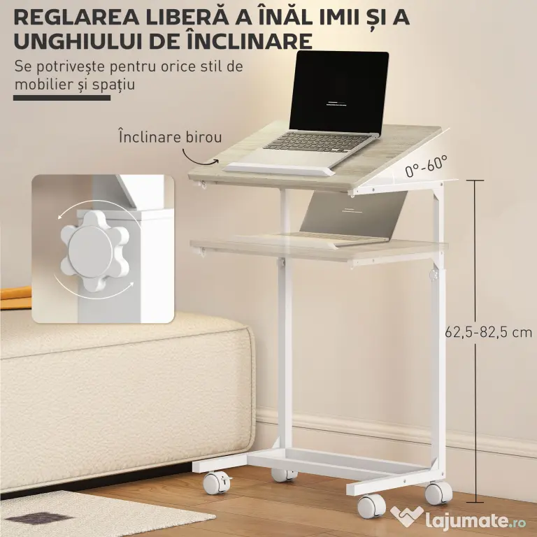 HOMCOM Măsuță de Lucru Reglabilă pe Înălțime cu Blat Înclinabil și 4 Roți | Aosom Romania