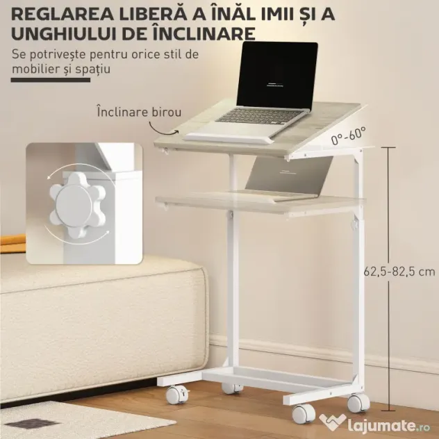HOMCOM Măsuță de Lucru Reglabilă pe Înălțime cu Blat Înclinabil și 4 Roți | Aosom Romania