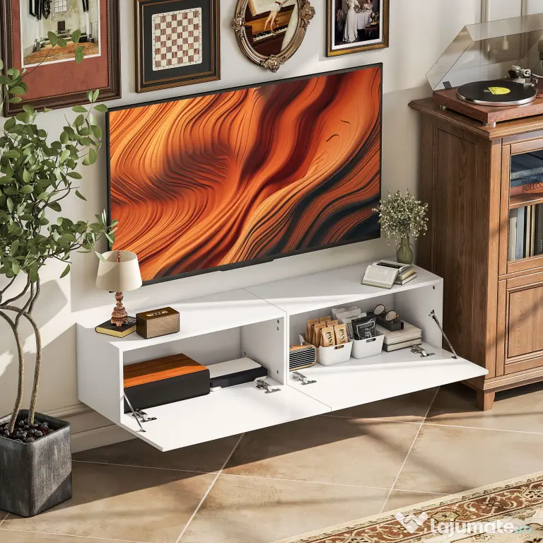HOMCOM Dulap TV Suspendat pentru Televizoare de 45"-55"-65" cu 2 Dulapuri, Alb | Aosom Romania