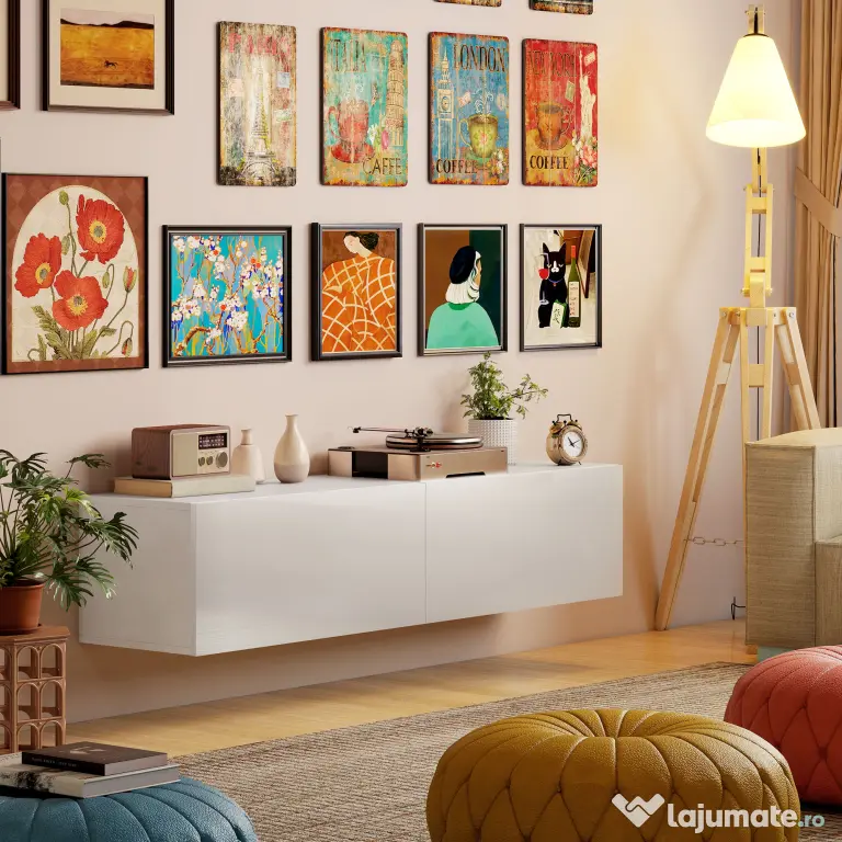 HOMCOM Dulap TV Suspendat pentru Televizoare de 45"-55"-65" cu 2 Dulapuri, Alb | Aosom Romania