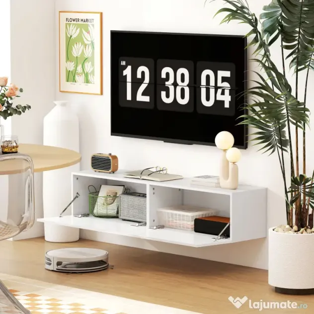 HOMCOM Dulap TV Suspendat pentru Televizoare de 45"-55"-65" cu 2 Dulapuri, Alb | Aosom Romania