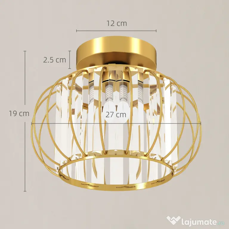 HOMCOM Plafonieră LED Modernă și Minimalistă cu Structură Tip Cușcă și 18 Cristale, din Metal Auriu, Ø27x19 cm