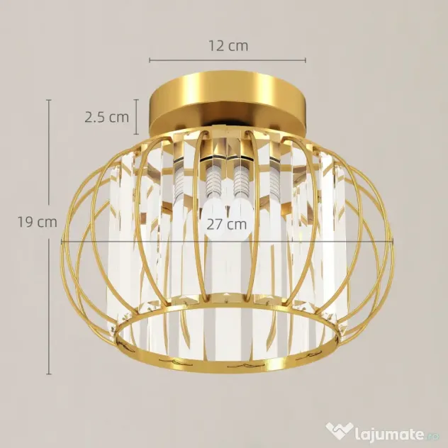 HOMCOM Plafonieră LED Modernă și Minimalistă cu Structură Tip Cușcă și 18 Cristale, din Metal Auriu, Ø27x19 cm