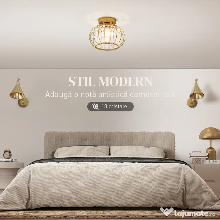 HOMCOM Plafonieră LED Modernă și Minimalistă cu Structură Tip Cușcă și 18 Cristale, din Metal Auriu, Ø27x19 cm