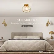 HOMCOM Plafonieră LED Modernă și Minimalistă cu Structură Tip Cușcă și 18 Cristale, din Metal Auriu, Ø27x19 cm